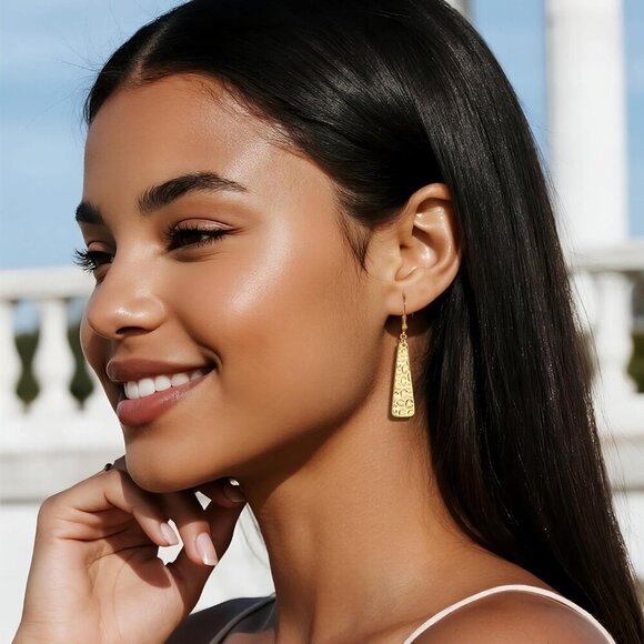 14K GoldA Plated  French Lightweight Square Bar Long Drop Leverback Earring - Picture 3 of 7